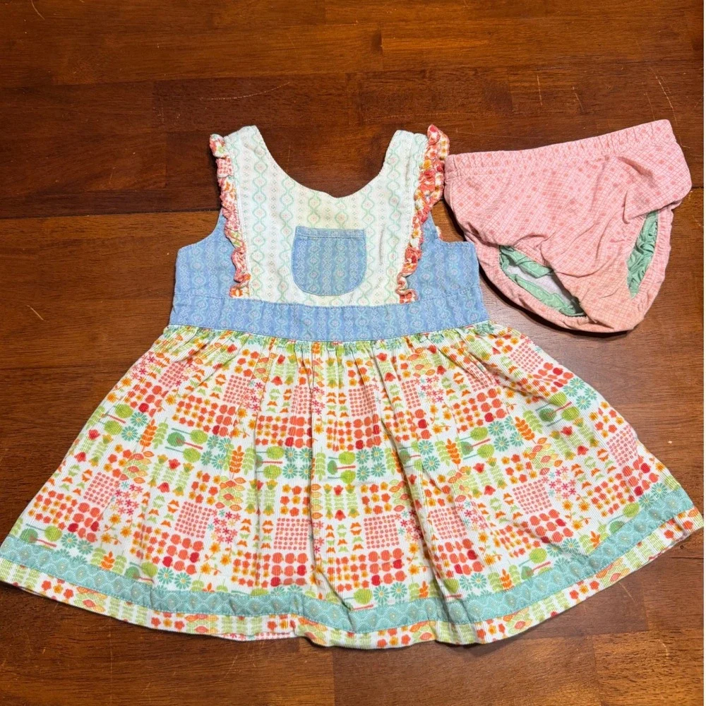 Matilda Jane Girls Dress Bloomers Set 12-18M Multi Patchwork Floral Ruffle Boho